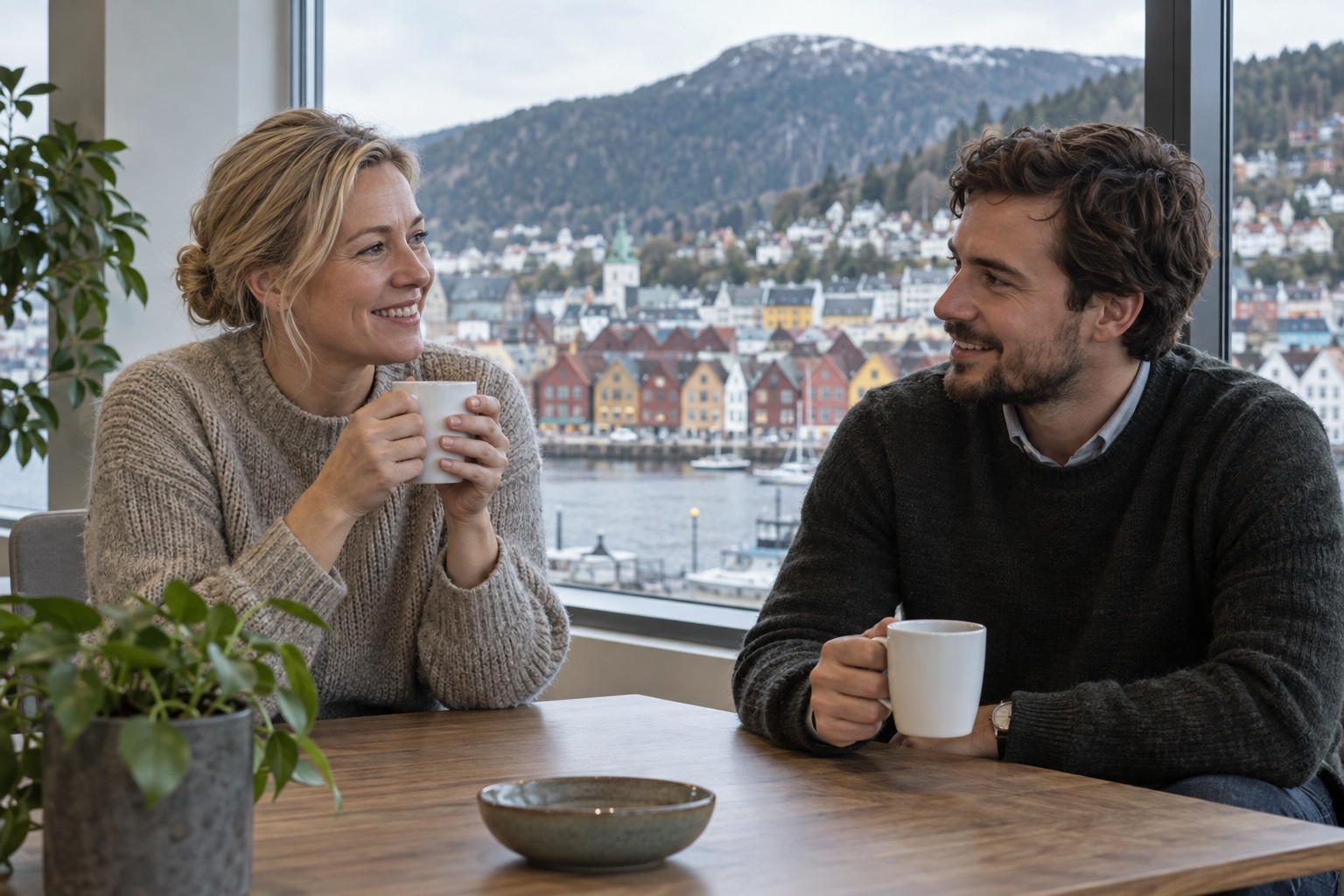 To kolleger tar en kaffepause i Bergen. KI-generert illustrasjon.